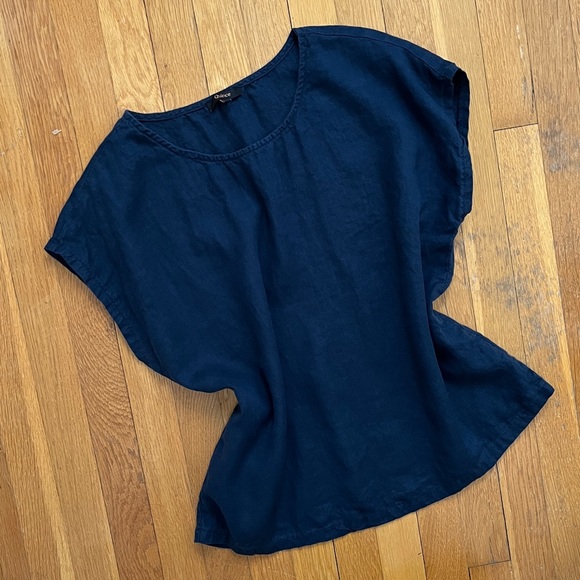 Quince Size Large 100% Linen Navy Blue Boxy Blouse Top Short Sleeved Shirt - Picture 5 of 11